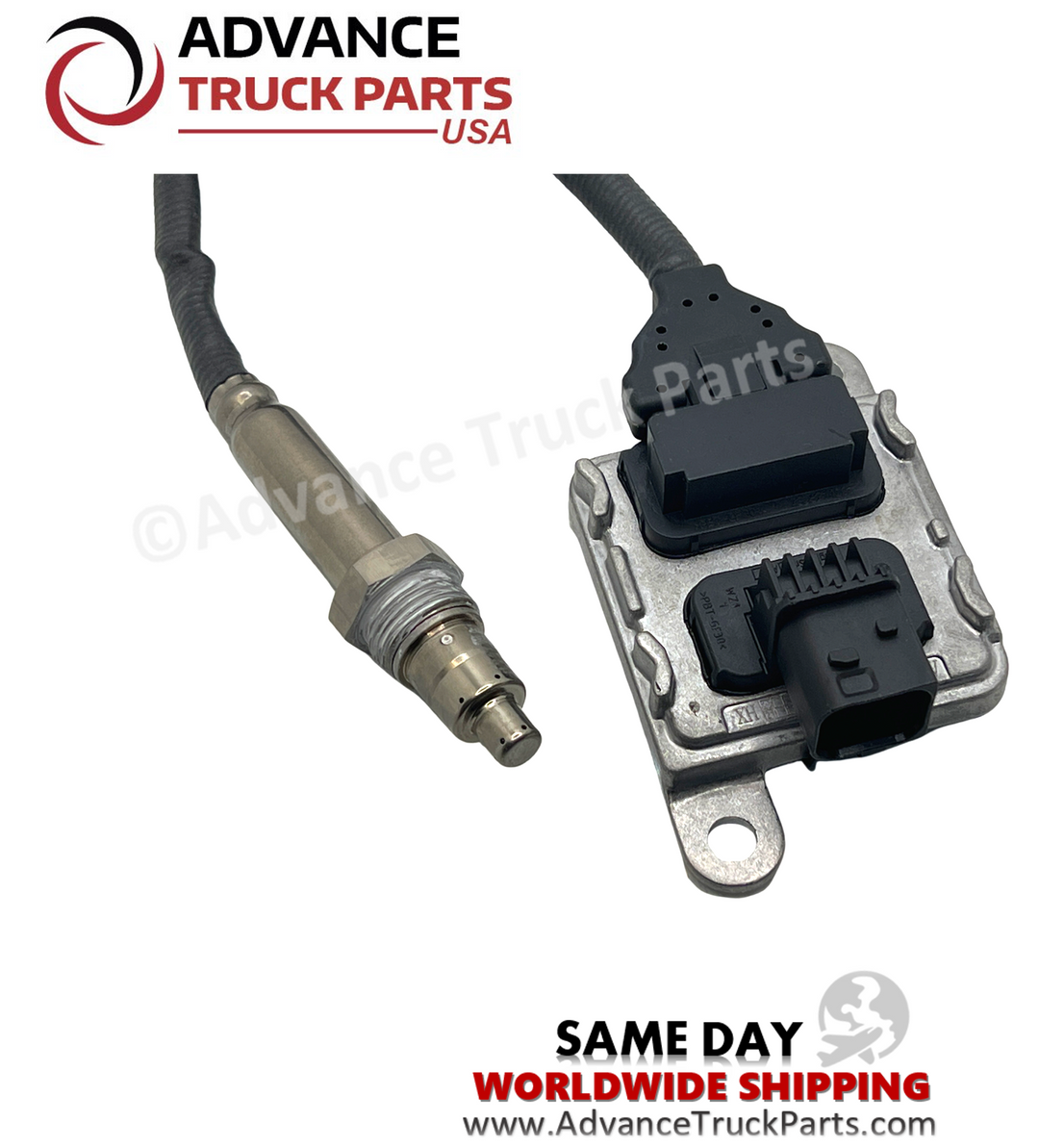 Advance Truck Parts USA Paccar nitrogen oxide sensor showing an angled studio layout with the threaded sensor tip and control unit separated