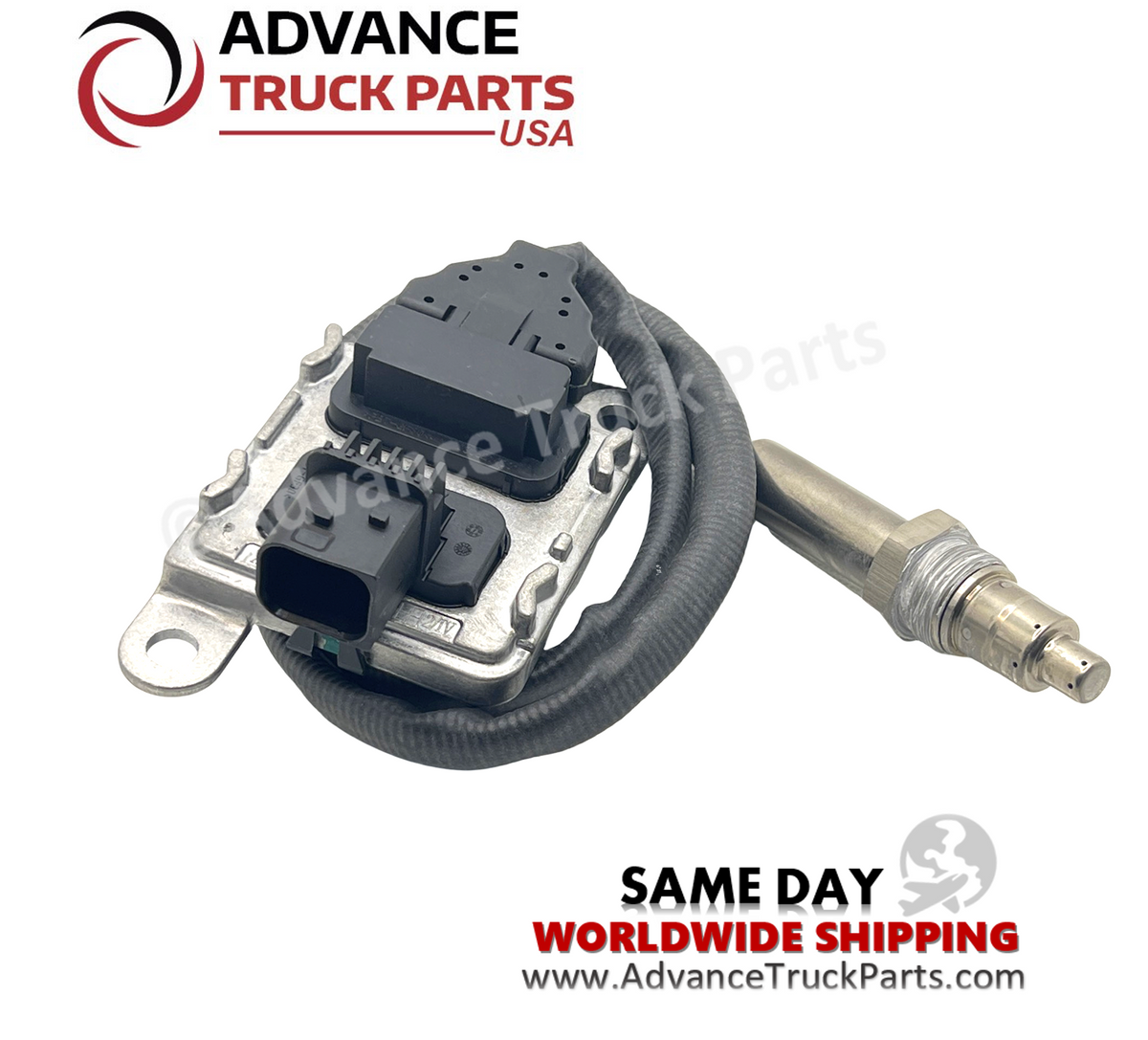 Advance Truck Parts USA 1954666PRX Paccar nitrogen oxide sensor showing a studio perspective of the electronic control unit, protective wire loom, and threaded exhaust probe
