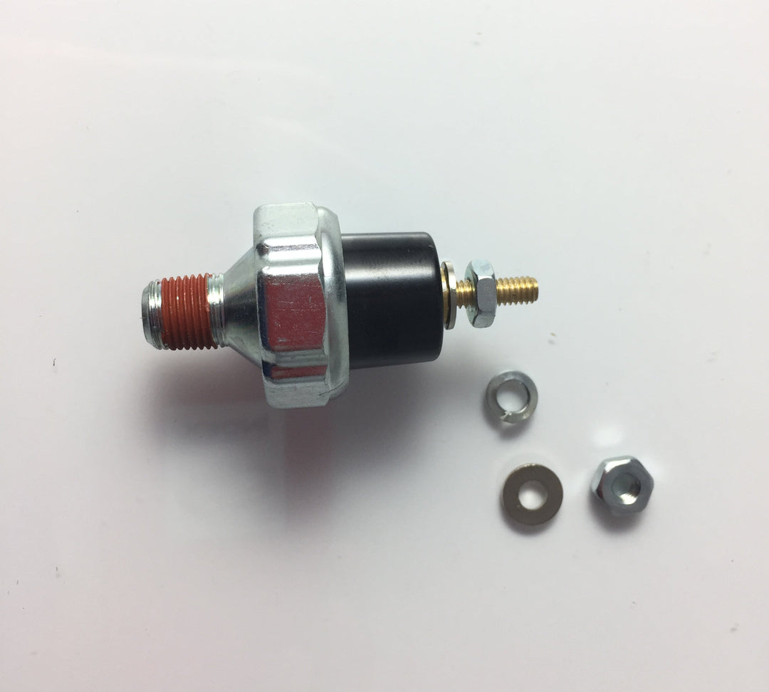 Advance Truck Parts USA Paccar oil pressure switch displaying a vertical side profile studio perspective of the threaded inlet and terminal post on a plain white background