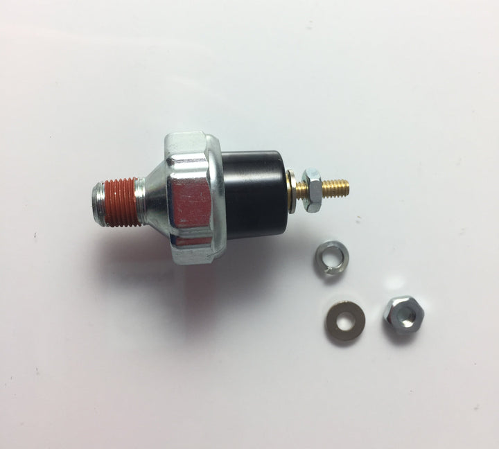 Advance Truck Parts USA Paccar oil pressure switch displaying a vertical side profile studio perspective of the threaded inlet and terminal post on a plain white background
