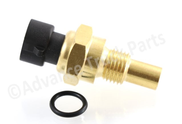 Advance Truck Parts USA Peterbilt and Kenworth temperature sender sensor featuring a brass threaded housing, black plug connector, and sealing O-ring