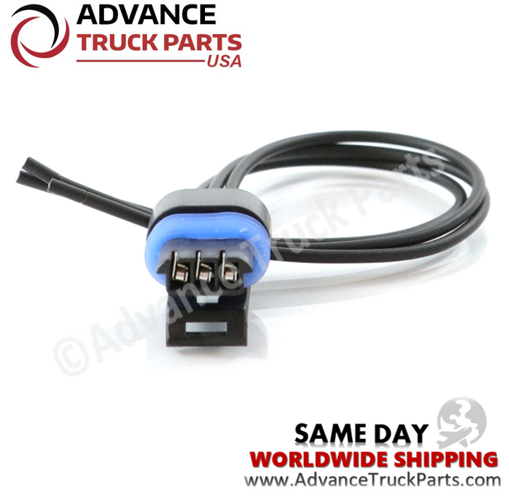 Advance Truck Parts USA 3-pin pigtail connector showing a close-up studio perspective of the internal terminal pins and sealing ring on a branded background