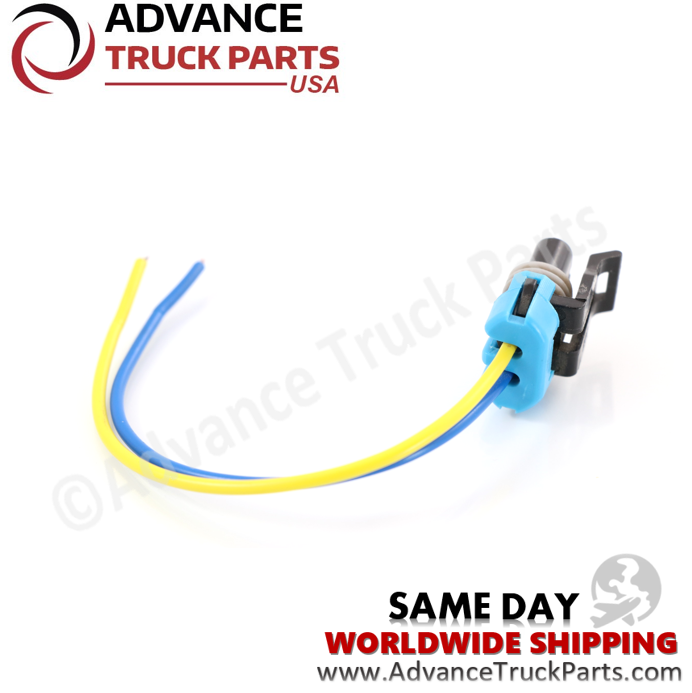Advance Truck Parts USA 2-pin pigtail connector displaying an angled studio view of the wire entry point and blue lock mechanism on a branded background