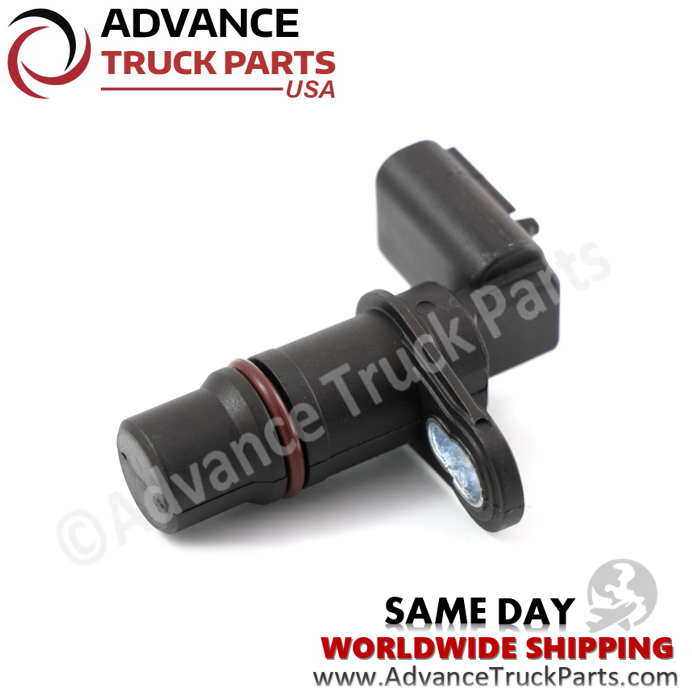 Advance Truck Parts USA Cummins camshaft and crankshaft position sensor showing an angled studio perspective of the probe tip and mounting flange on a branded background