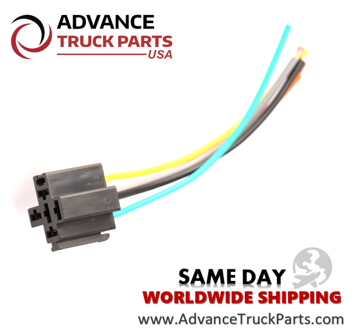 Advance Truck Parts USA 5-pin relay harness socket showing an angled studio perspective of the wiring configuration 