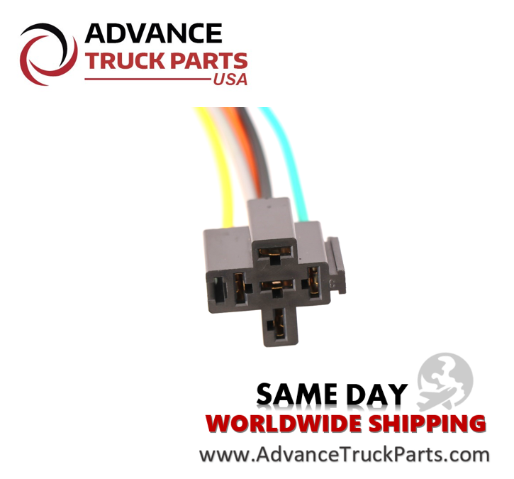 Advance Truck Parts USA 5-pin relay harness socket displaying a top-down studio view of the internal female blade terminals on a branded background