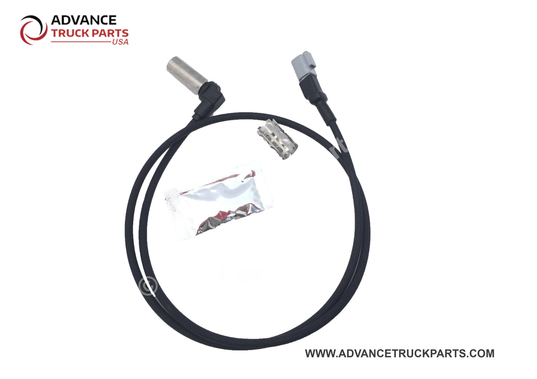Advance Truck Parts USA ABS sensor kit showing an angled perspective of the sensor head, connector plug, and grease packet on a branded background