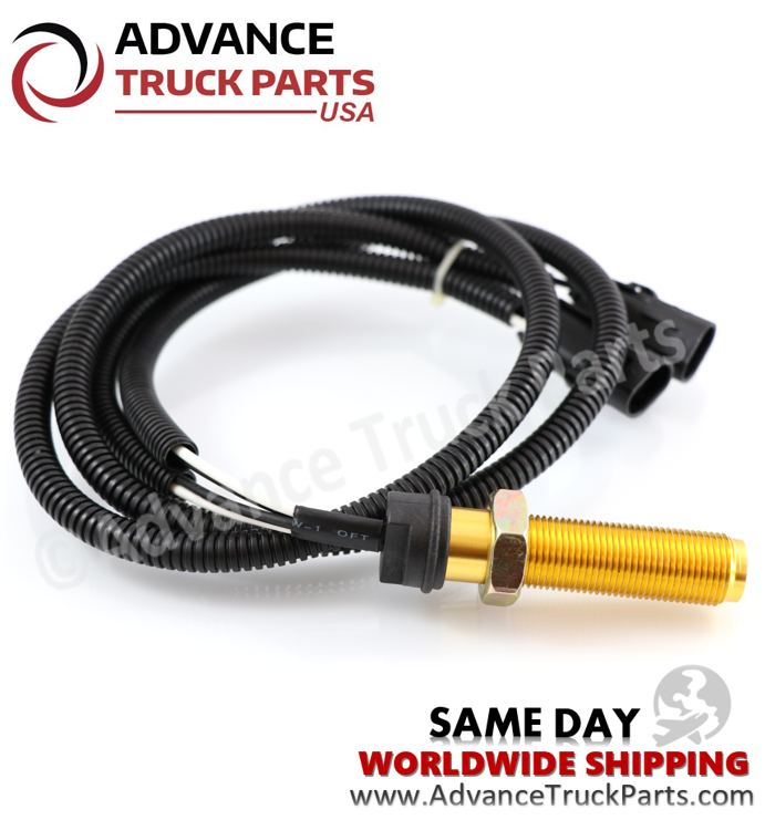 Advance Truck Parts USA branded studio extended view showing the protective wire loom and brass threaded body of the SAA speed sensor