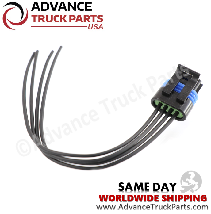 Advance Truck Parts USA 4-pin pigtail connector displaying a studio overhead view of the back wire entry and housing on a branded background