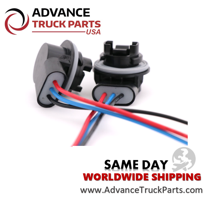 Advance Truck Parts USA bulb socket harness showing a rear studio view of the wire entry points, housing seals, and multi-colored leads on a branded background
