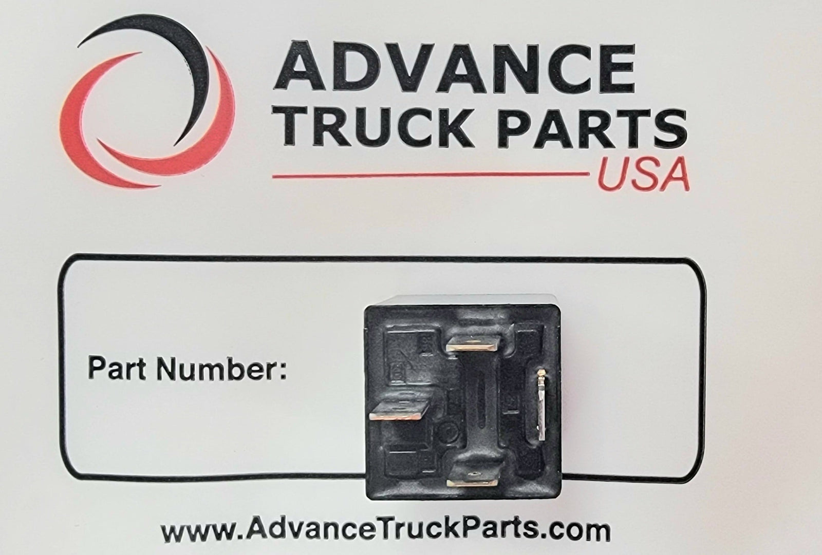 Advance Truck Parts USA Song Chuan automotive relay showing a bottom studio perspective of the quick-connect terminal blades on a branded background
