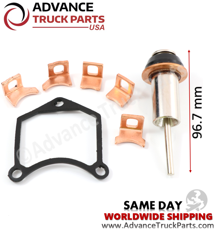 Advance Truck Parts USA Denso starter repair kit showing a studio perspective of the plunger, contacts, and curve-style gasket 