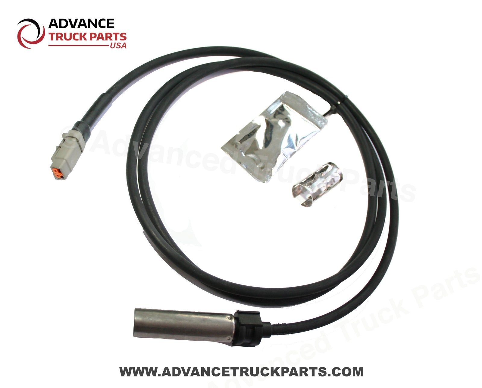 Advance Truck Parts USA straight ABS sensor kit displaying an overhead studio view of the complete kit components on a branded background