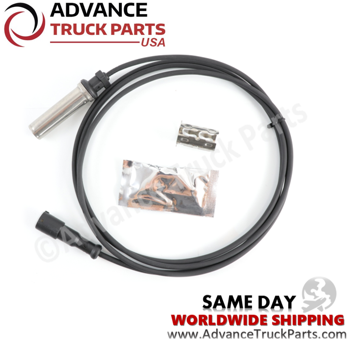 Advance Truck Parts USA straight ABS sensor kit displaying an angled studio perspective of the coiled sensor cable, mounting clip, and grease packet on a branded background