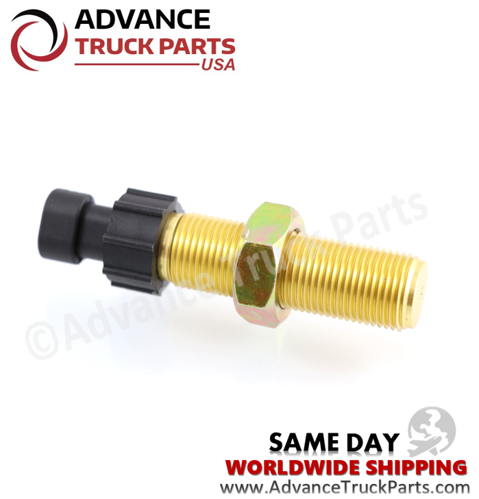 Advance Truck Parts USA Paccar, Kenworth, and Peterbilt speedometer and tachometer sensor showing an alternative angled studio view of the complete assembly on a branded background
