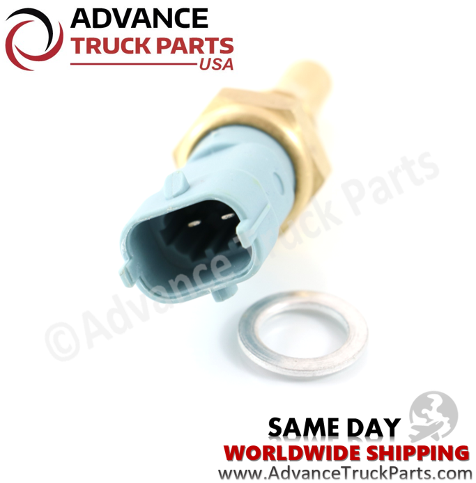 Advance Truck Parts USA temperature sensor displaying an end-on view focusing on the electrical connector pins and sealing ring