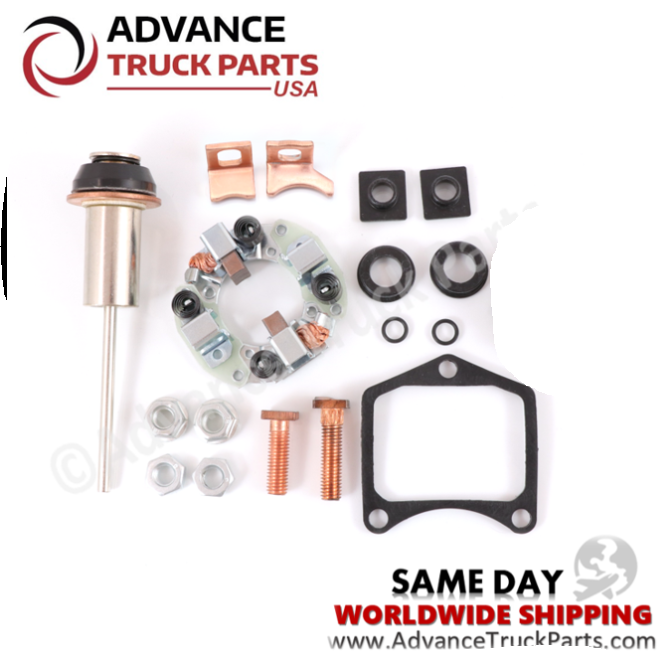 Advance Truck Parts USA 228000-3404 1.4kW starter repair kit showing a top-down perspective showcasing the complete components including the plunger, brush holder assembly, copper contacts, mounting hardware, seals, and gasket on a plain white background