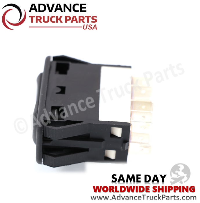 Advance Truck Parts USA Freightliner window switch showing a side profile view of the housing and mounting clips on a branded background