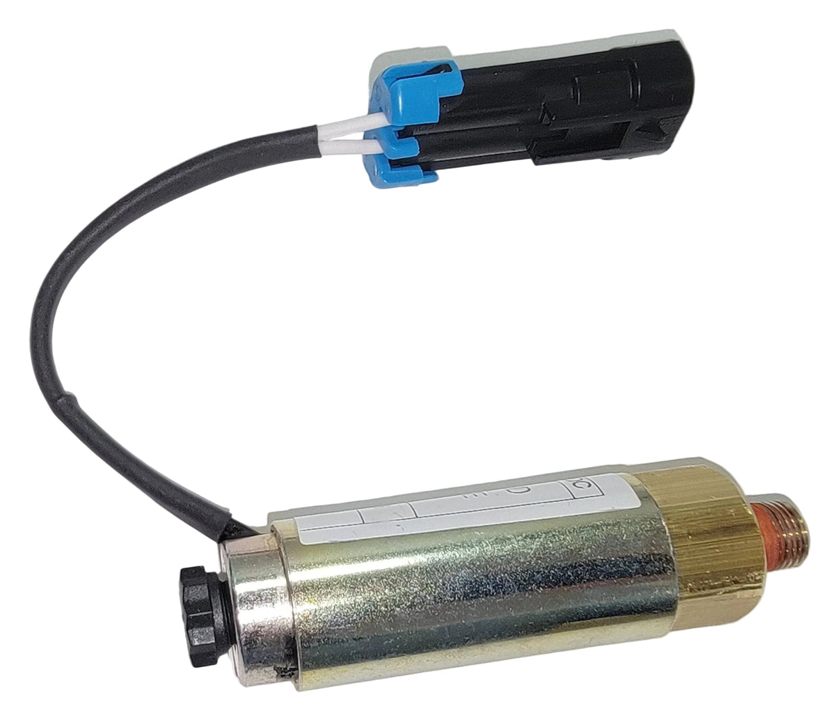 Advance Truck Parts USA W072018 extreme condition air solenoid valve for lift axles featuring a 12V connector, wire loom, and threaded brass port 