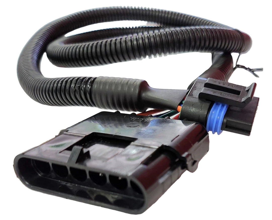Advance Truck Parts USA W094264 6-pin throttle position sensor harness for Cummins ISM showing a close-up angled profile of the large black 6-pin electrical socket, protective corrugated black wire loom, and a secondary connector featuring a blue weather seal on a plain white background