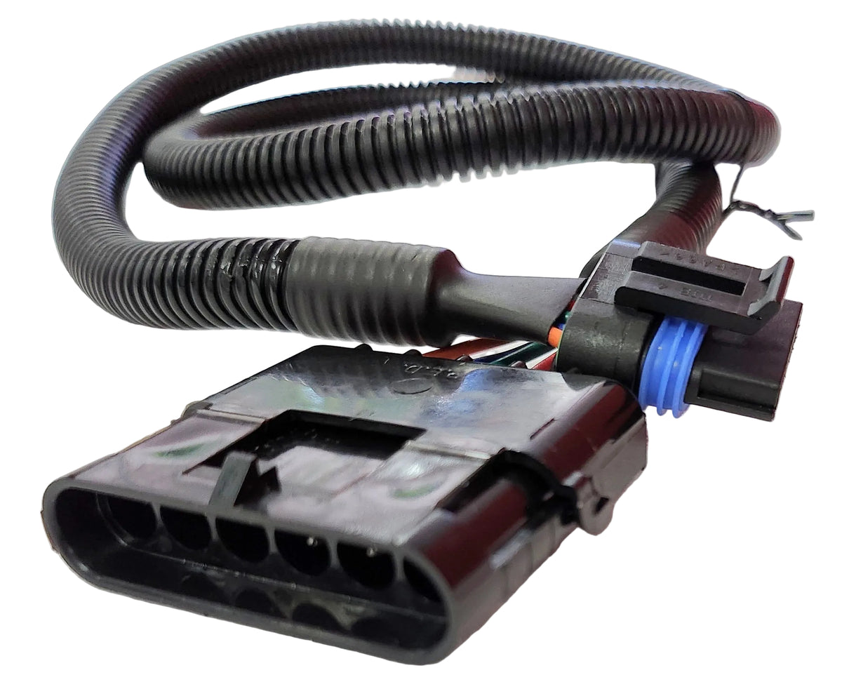 Advance Truck Parts USA W094264 6-pin throttle position sensor harness for Cummins ISM showing a close-up angled profile of the large black 6-pin electrical socket, protective corrugated black wire loom, and a secondary connector featuring a blue weather seal on a plain white background
