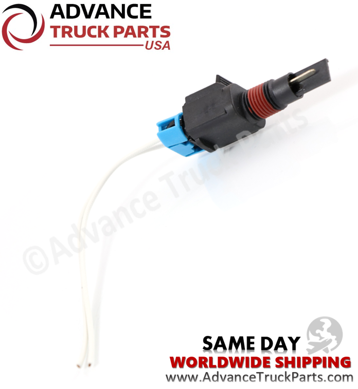 Advance Truck Parts USA XC4Z-10D968-AA engine coolant level sensor featuring a plastic body, threaded probe with red seal, and attached pigtail harness on a branded studio background