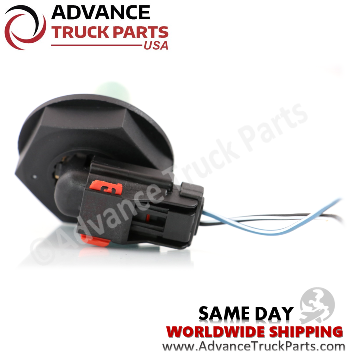 Advance Truck Parts USA branded studio close-up view highlighting the 2-pin connector and wiring harness of the Freightliner Cascadia coolant level sensor kit