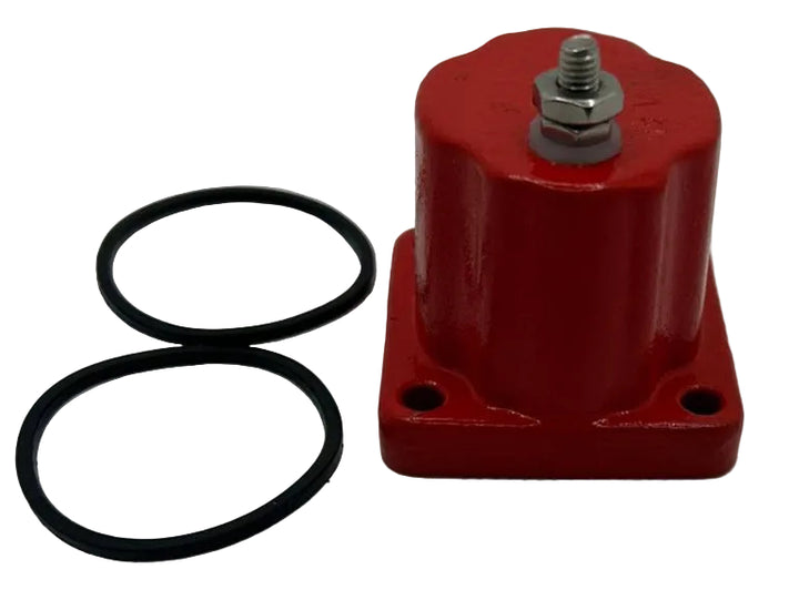 ATP 12V fuel stop shut off solenoid valve for Cummins engine showing a clean studio view of the red-coated housing, single terminal stud, and matching rubber O-rings on a plain white background
