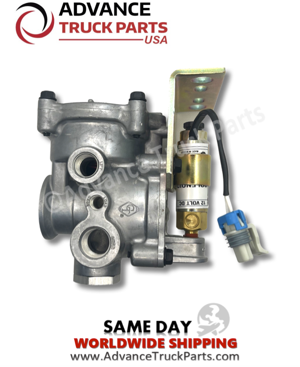 Advance Truck Parts USA branded studio front view of the 19516-311 lift axle valve highlighting ports and solenoid
