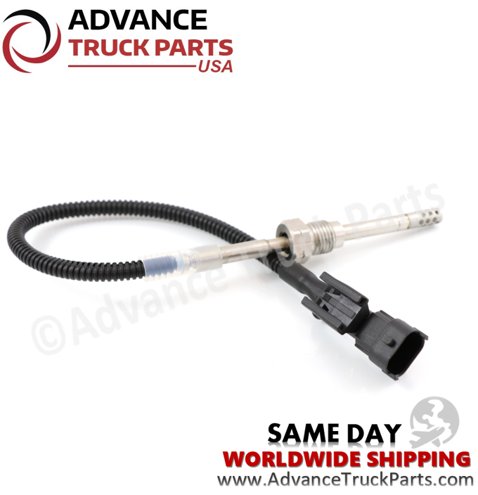 Advance Truck Parts USA Volvo EGR temperature sensor showing a studio overview of the entire looped harness and probe assembly on a branded background