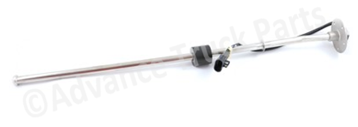 22504865 ATP heavy-duty fuel tank level sensor for Volvo VN and VNL trucks featuring a long metallic probe, float, and 2-pin connector on a branded studio background