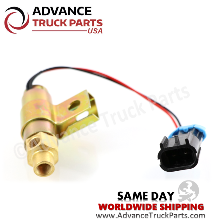 Advance Truck Parts USA branded studio angled view of the 25154436 fan clutch solenoid valve showing the threaded inlet and port configuration