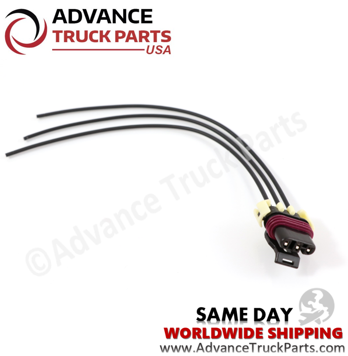 Advance Truck Parts USA 3-pin pigtail connector showing the black terminal housing, ribbed weather seal, locking clip, and three black wire leads