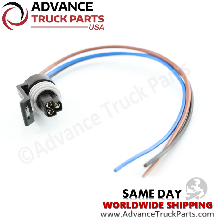Advance Truck Parts USA branded studio angled view of the 3-pin pigtail connector and wiring harness