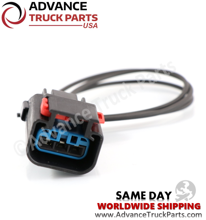 Advance Truck Parts USA 3-wire pigtail connector displaying an angled studio perspective of the terminal housing and attached wiring on a branded background