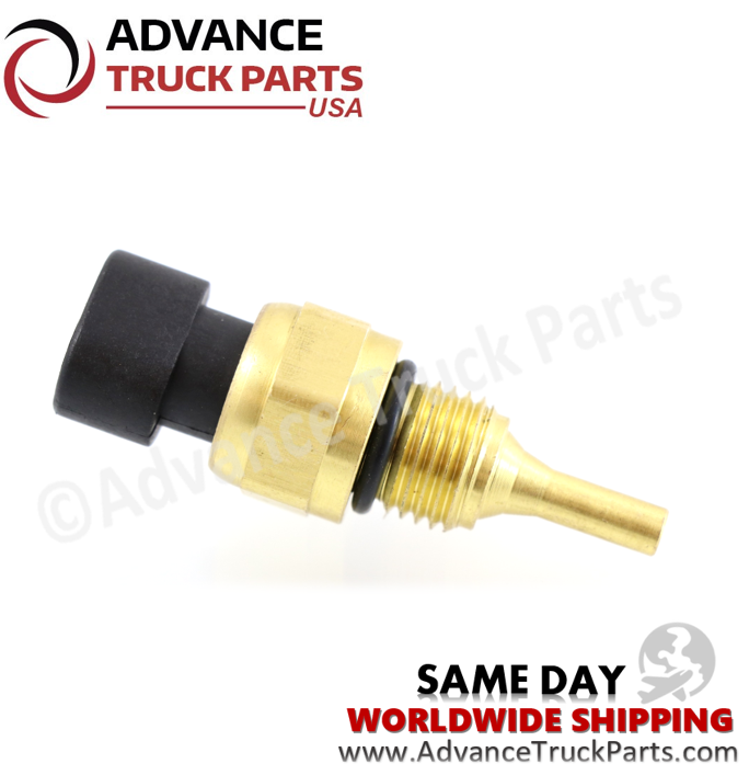 Advance Truck Parts USA Cummins temperature sensor showing an angled studio view highlighting the threaded fitting and black connector on a branded background