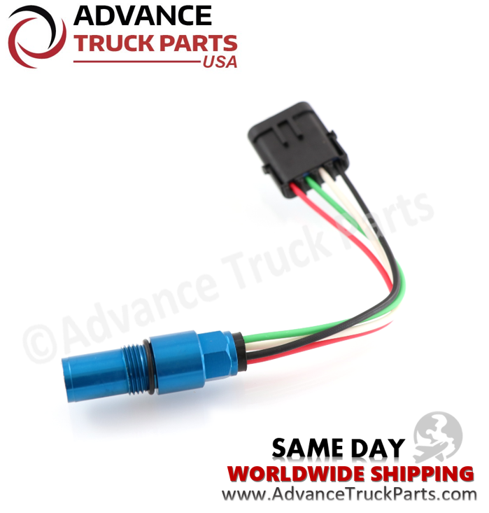 Advance Truck Parts USA branded studio angled view displaying the wired harness and threaded blue sensor tip for Cummins N14 engines