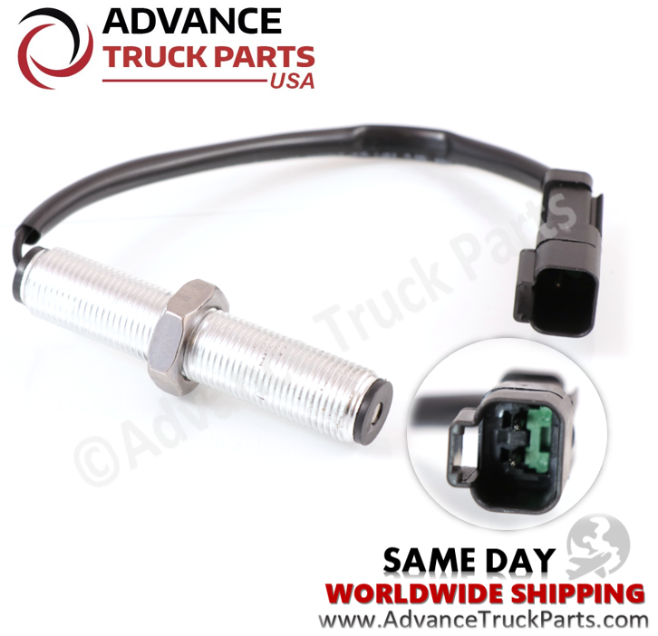 Advance Truck Parts USA 4P-5820 Caterpillar excavator speed sensor featuring threaded metal barrel, jam nut, and inset detail of the 2-pin connector cavity