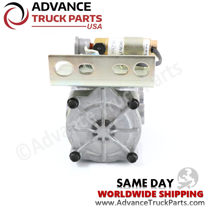 Advance Truck Parts USA branded studio rear view of the 5040-211-01C lift axle valve showing the mounting plate and cover