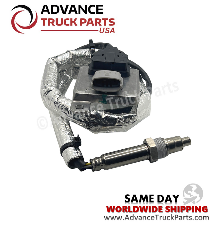 Advance Truck Parts USA branded studio full assembly view of the 5293295RX Cummins NOx sensor with insulated harness