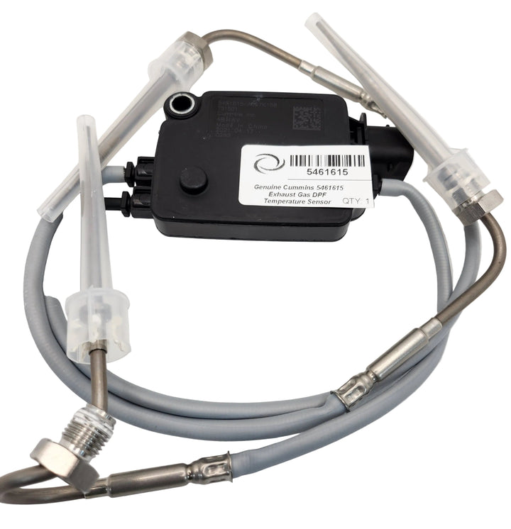 Advance Truck Parts USA Genuine Cummins 5461615 DPF temperature sensor featuring central high-temperature control module, 4-pin connector, multi-lead wire harness, and threaded probes with clear protective caps