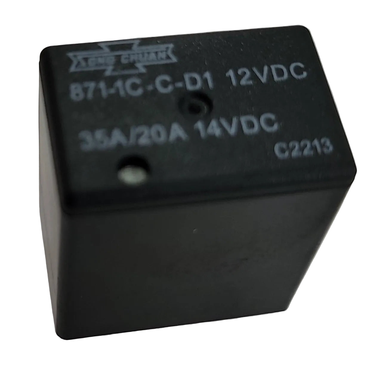 Advance Truck Parts USA Song Chuan 871-1C-C-D1-12V micro relay showing a clean studio view of the black housing and printed part number specifications on a plain white background