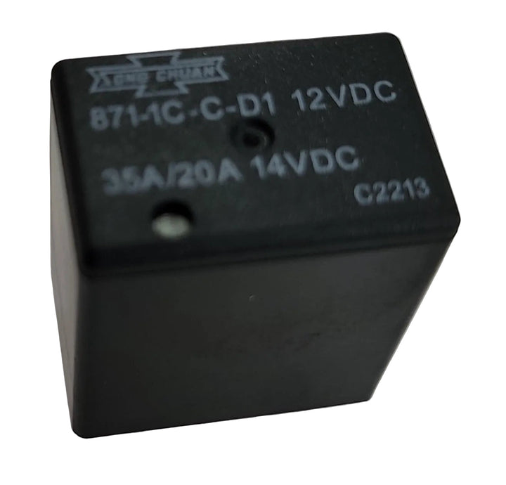 Advance Truck Parts USA Song Chuan 871-1C-C-D1-12V micro relay showing a clean studio view of the black housing and printed part number specifications on a plain white background