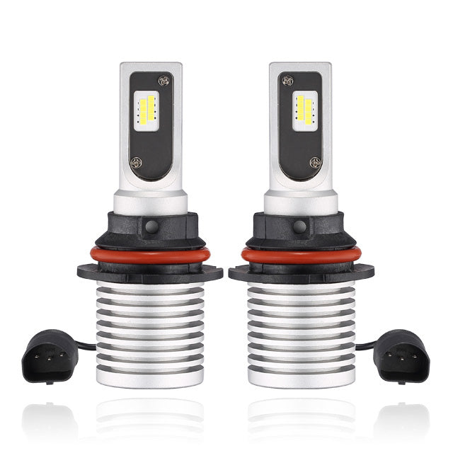 Advance Truck Parts USA Brightest 9004 LED headlight bulb pair by WSI Electronics featuring diode chips, ribbed heatsink bases, and attached wiring pigtails