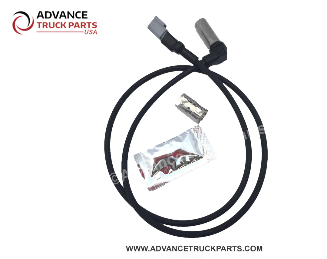 Advance Truck Parts USA full-length flatlay perspective showing the coiled wire sweep, terminal connector plug, mounting clip, and grease sachet