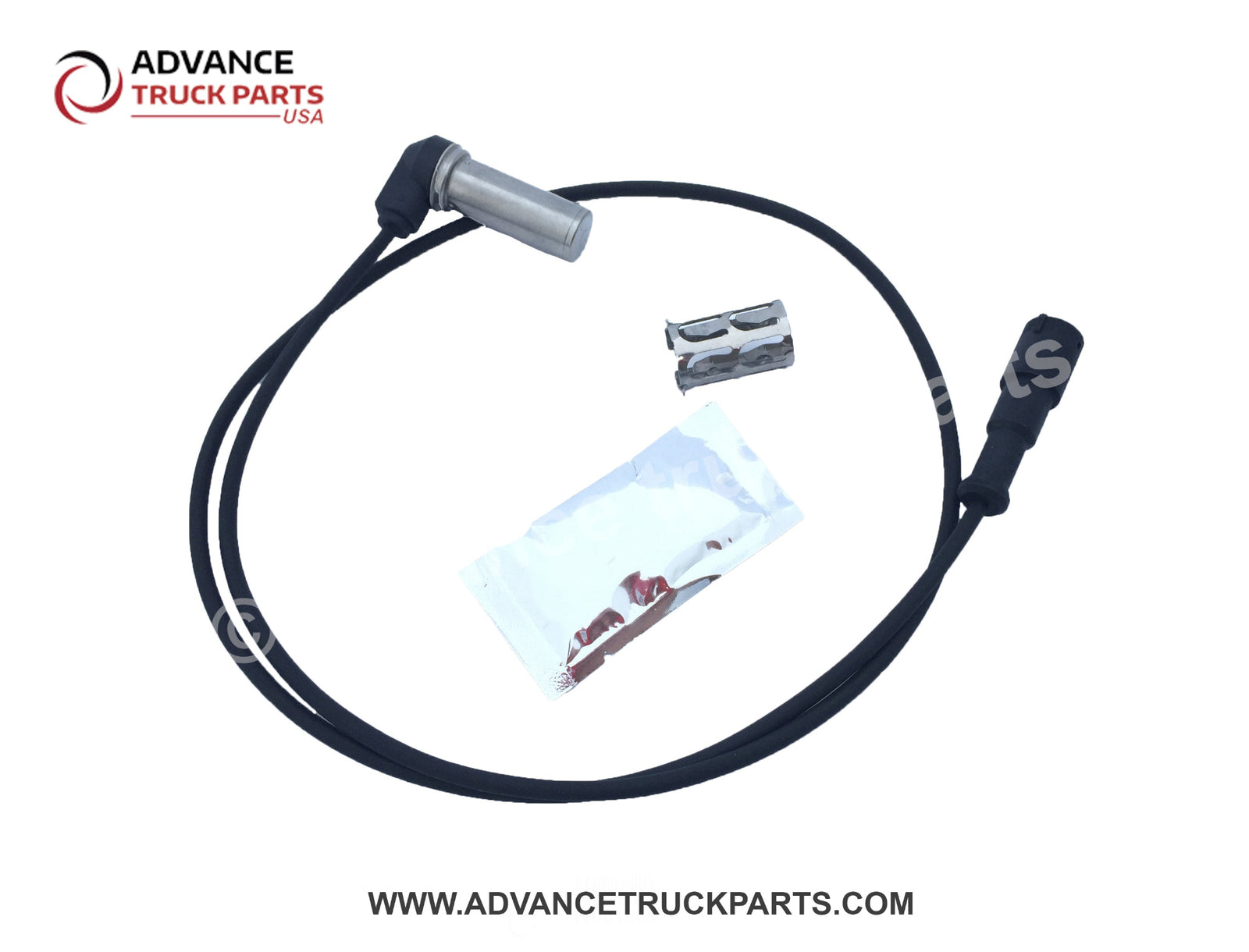Advance Truck Parts right angle ABS sensor kit displaying a top-down studio view of the sensor, mounting clip, and grease packet on a branded background