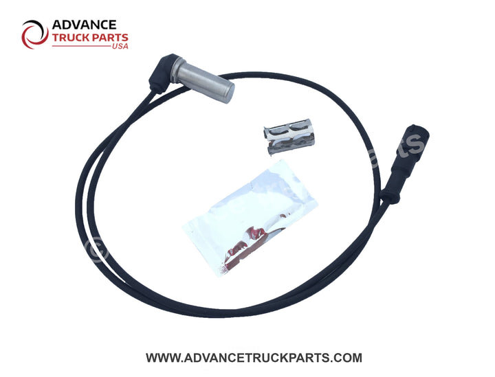 Advance Truck Parts right angle ABS sensor kit displaying a top-down studio view of the sensor, mounting clip, and grease packet on a branded background