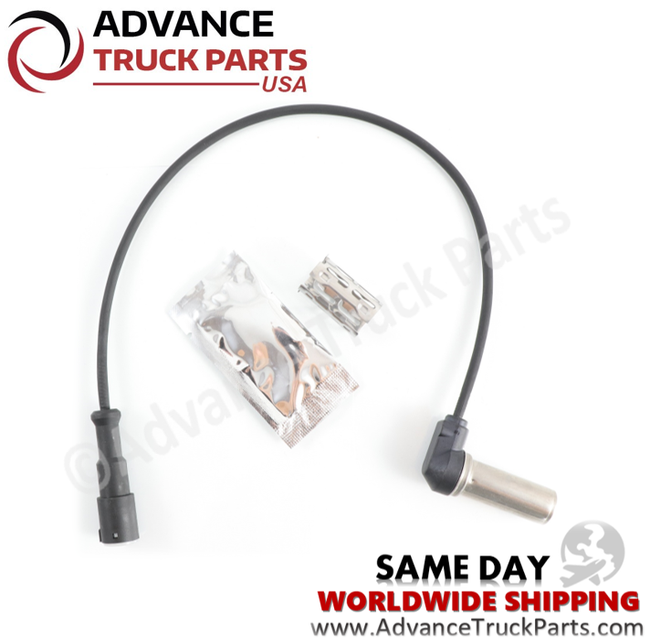 Advance Truck Parts USA ABS speed sensor kit displaying an overhead studio perspective of the complete sensor harness and installation accessories on a branded background