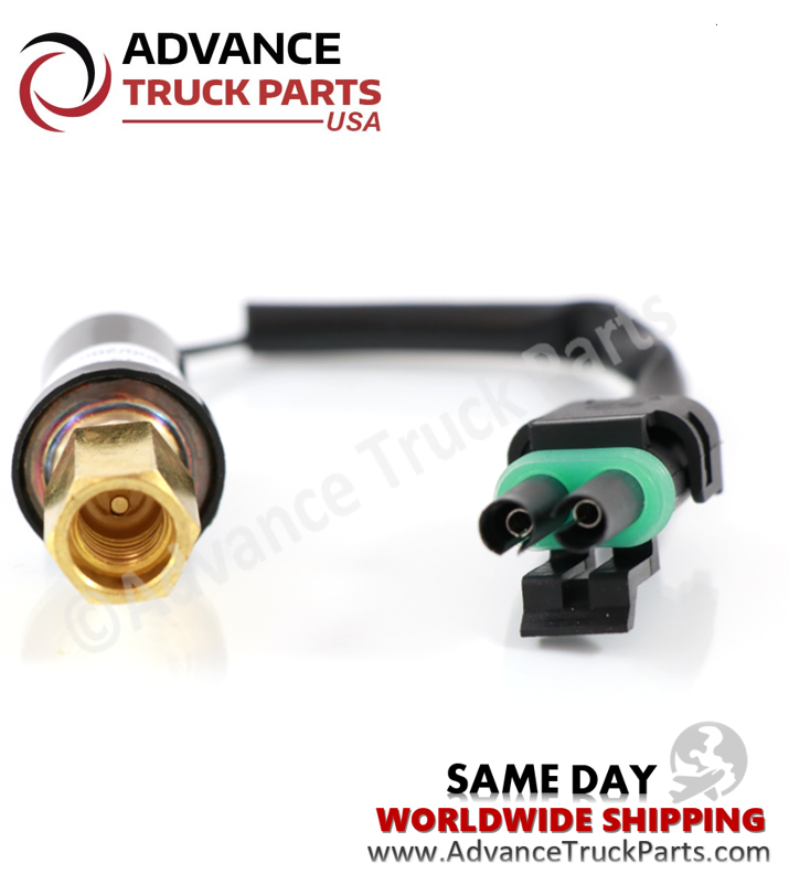 Advance Truck Parts USA Freightliner high pressure A/C switch close-up view of the 2-pin connector and brass threaded fitting 