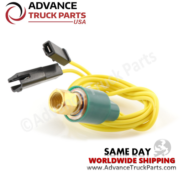 Advance Truck Parts USA A/C low pressure switch displaying a studio view of the female 1/4 inch threaded fitting and wire leads